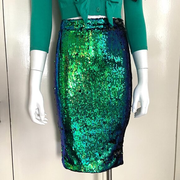 NWT Haouduayi Metallic Sequin Two-Toned Pensil skirt XS - Picture 9 of 10